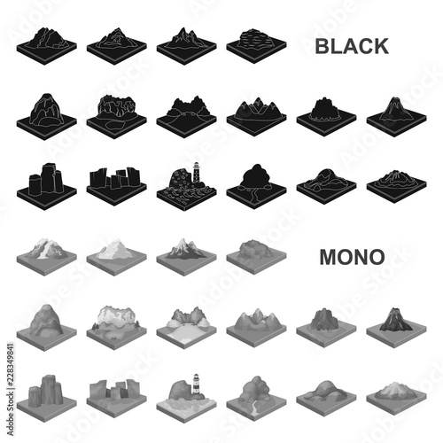Mountains, massive black icons in set collection for design. The surface of the earth vector isometric symbol stock web illustration.
