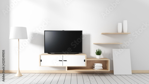 Smart Tv - blank black screen hanging on the cabinet, modern living room with white wood floor. 3d rendering © Interior Design