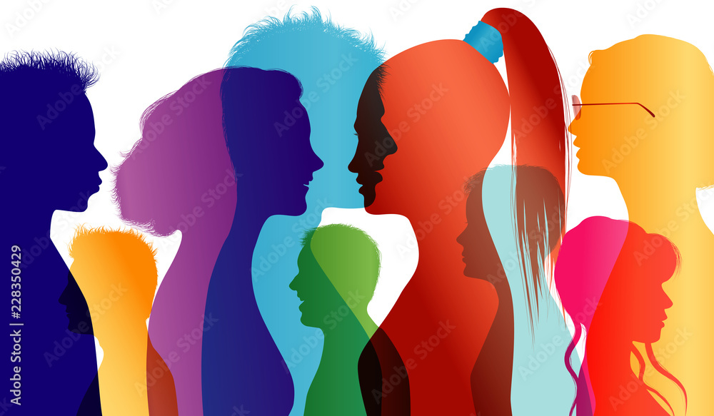 Young people talking. Students. Young people. Students talking. Colored silhouette profiles. Vector Multiple exposure