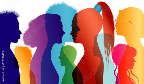 Young people talking. Students. Young people. Students talking. Colored silhouette profiles. Vector Multiple exposure