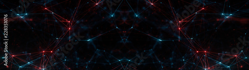 Abstract ultra wide plexus structure of many glowing lines and particles. Orange blurred background with digital composition and optical flares. 3d rendering