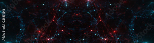 Abstract ultra wide plexus structure of many glowing lines and particles. Orange blurred background with digital composition and optical flares. 3d rendering