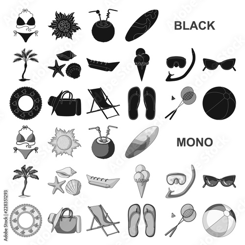 Summer rest black icons in set collection for design. Beach accessory vector symbol stock web illustration.