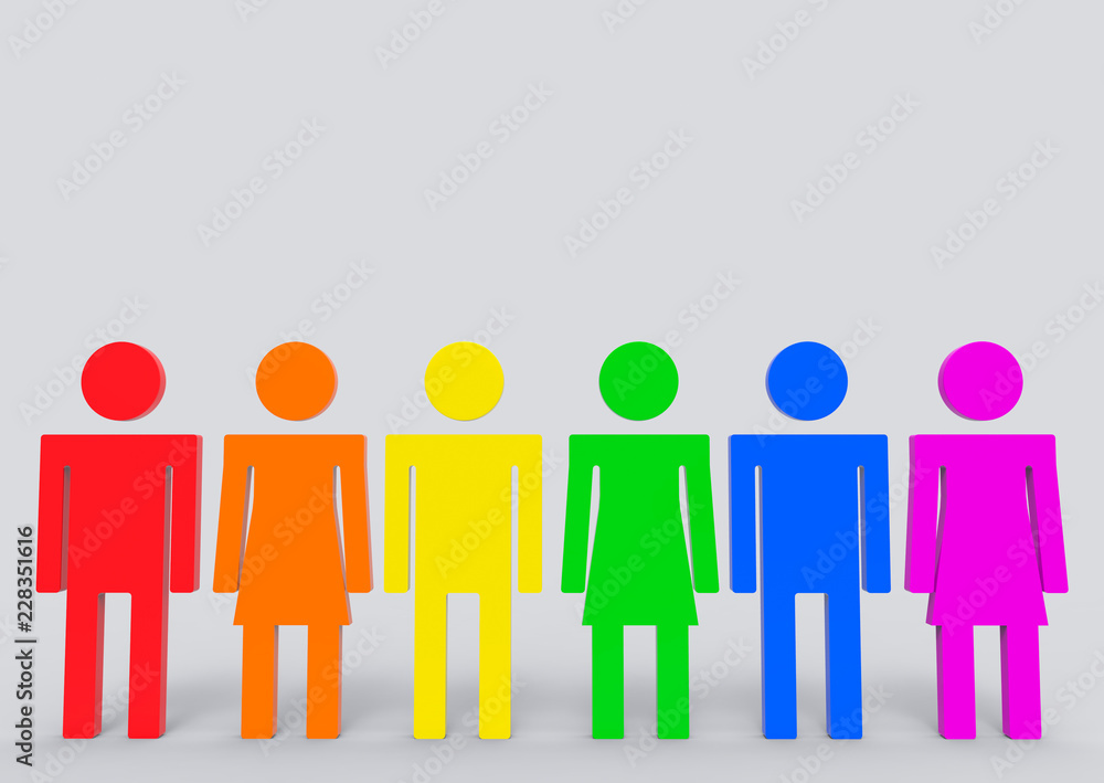 3d rendering. LGBT rainbow color on each male and female icon symbol white copy space gray wall as background. 3d rendering. LGBT rainbow color on each male and female icon symbol white copy space gray wall as background.