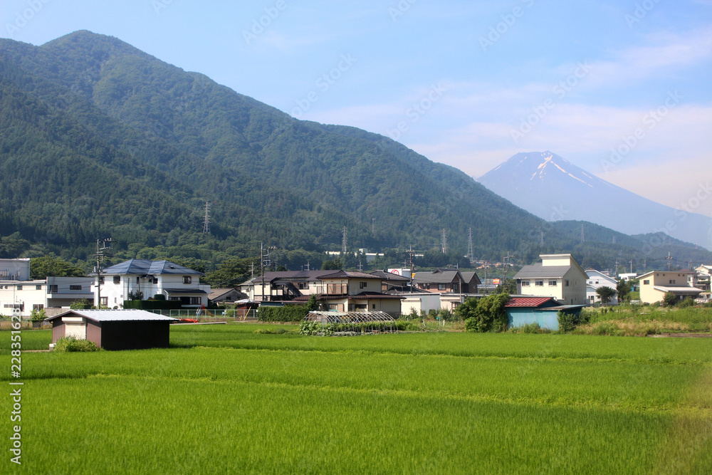 Yamanashi Prefecture, Japan - July 10, 2017: Take a train to Fuji Mountain, view from the train windows.