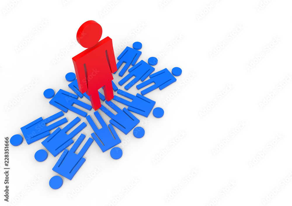 3d rendering. perspective view of A big red female standing on group of Blue male gender sign. gender pay gap or smart working women concept 3d rendering. perspective view of A big red female standing on group of Blue male gender sign. gender pay gap or smart working women concept