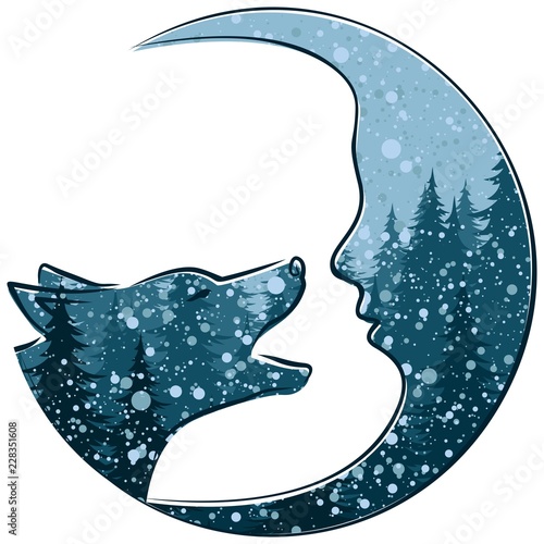 Wolf with month and the winter forest.