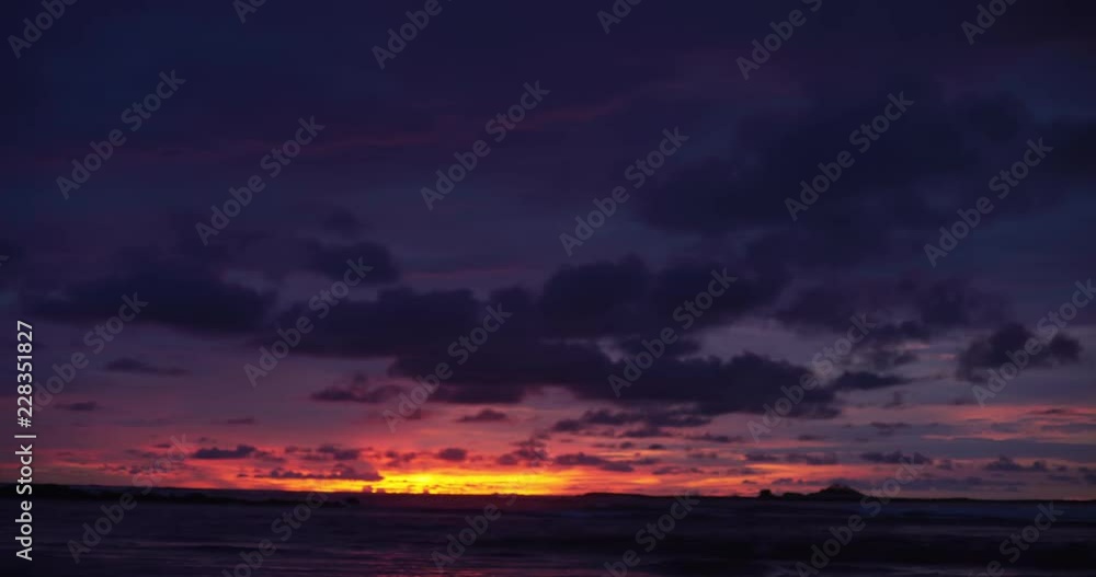 Out of focus background plate of beautiful purple and orange sunset on the beach in Costa Rica for compositing or keying. Blurred or defocused shot of ocean sun set for green screen composite. 4k