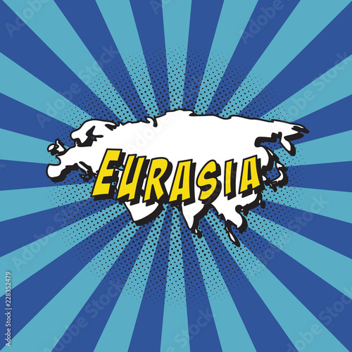 map of eurasia in retro comic style on background with halftone dots and radial lines