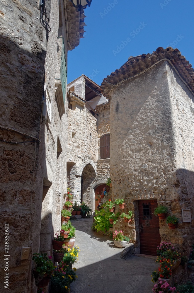 Narrow but flowery alley in a village in southern France