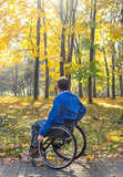 person in wheelchair ride in autumn park sunny warm day, man with disability