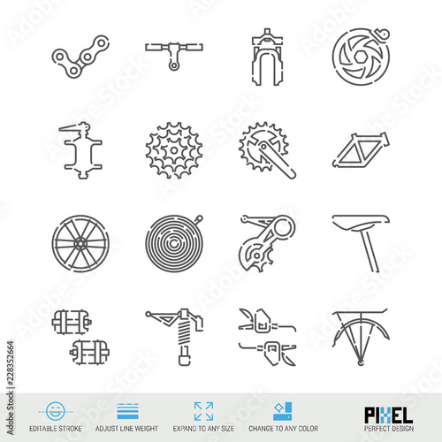 Bicycle Spare Parts Vector Line Icons Set. Bike Shop, Maintenance and Repair Linear Symbols. Pixel Perfect Design. Editable Stroke. Adjust Line Weight. Expand to Any Size. Change to Any Color.