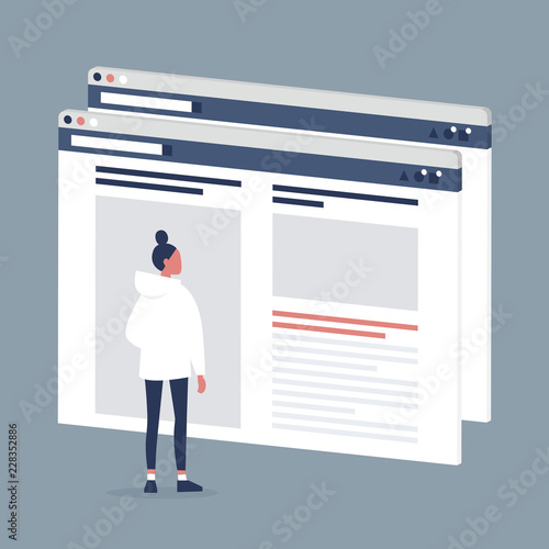 Female Internet user visiting a webpage. Lifestyle media. Website layout. Content. Technology. Flat editable vector illustration, clip art