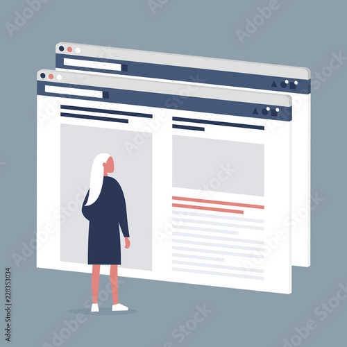Female Internet user visiting a webpage. Lifestyle media. Website layout. Content. Technology. Flat editable vector illustration, clip art