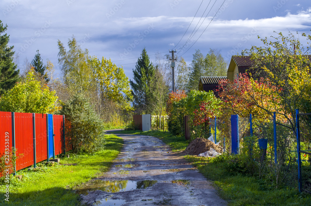 Fototapeta premium Street in the village after the autumn rain