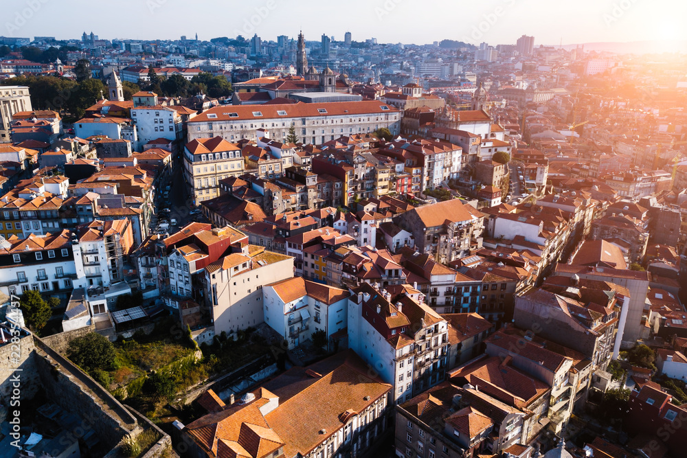 Aerial view the old city center of Porto, Portugal.