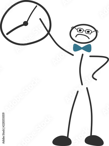 Strichmännchen zeigt verärgert auf die Uhr