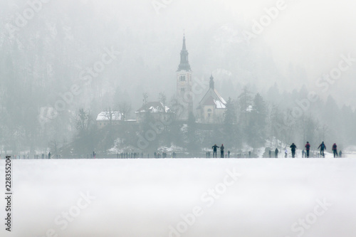 Frozen lake Bled in winter close-up on the island