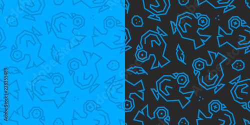 Pigeons, feathers and eggs low poly seamless pattern. Black and blue background, 2 versions.