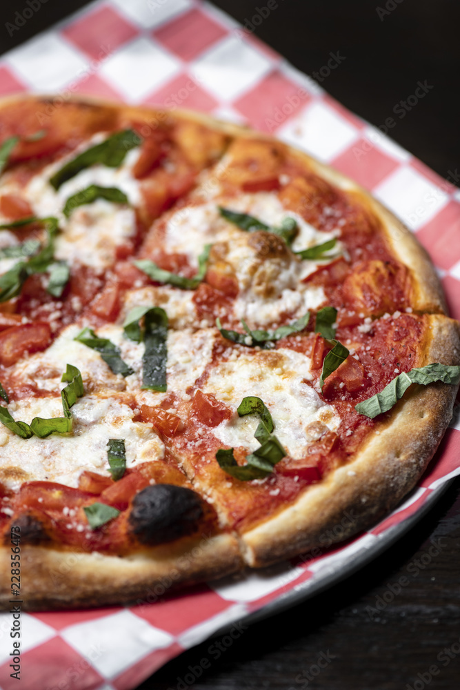 A Gournet Pizza on a red and white check cloth A Gournet Pizza on a red and white check cloth