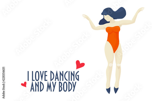 Dancing or jumping plus size woman in retro bikini vector flat illustration self acceptance body positive concept. Overweight girl in trendy style with I love dancing and my body text.