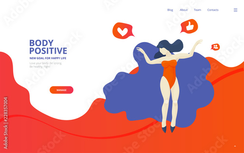 Body positive landing page concept vector flat illustration in trendy style with happy dancing plus size woman with retro bikini. Body positive template, good for love your body movement designs.