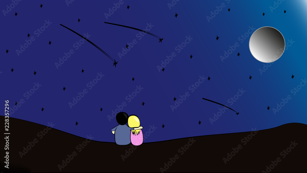 Pareja de enamorados mirando la luna y las estrellas Stock Illustration |  Adobe Stock