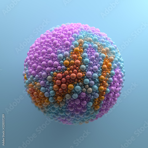 3d render abstract background with simple geometry made of sphere primitives. Pop and trendy vibrant colors of random elements that fill base shape. ..