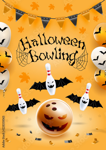 Halloween bowling flyer template. A6 format size. Vector clip art illustration.