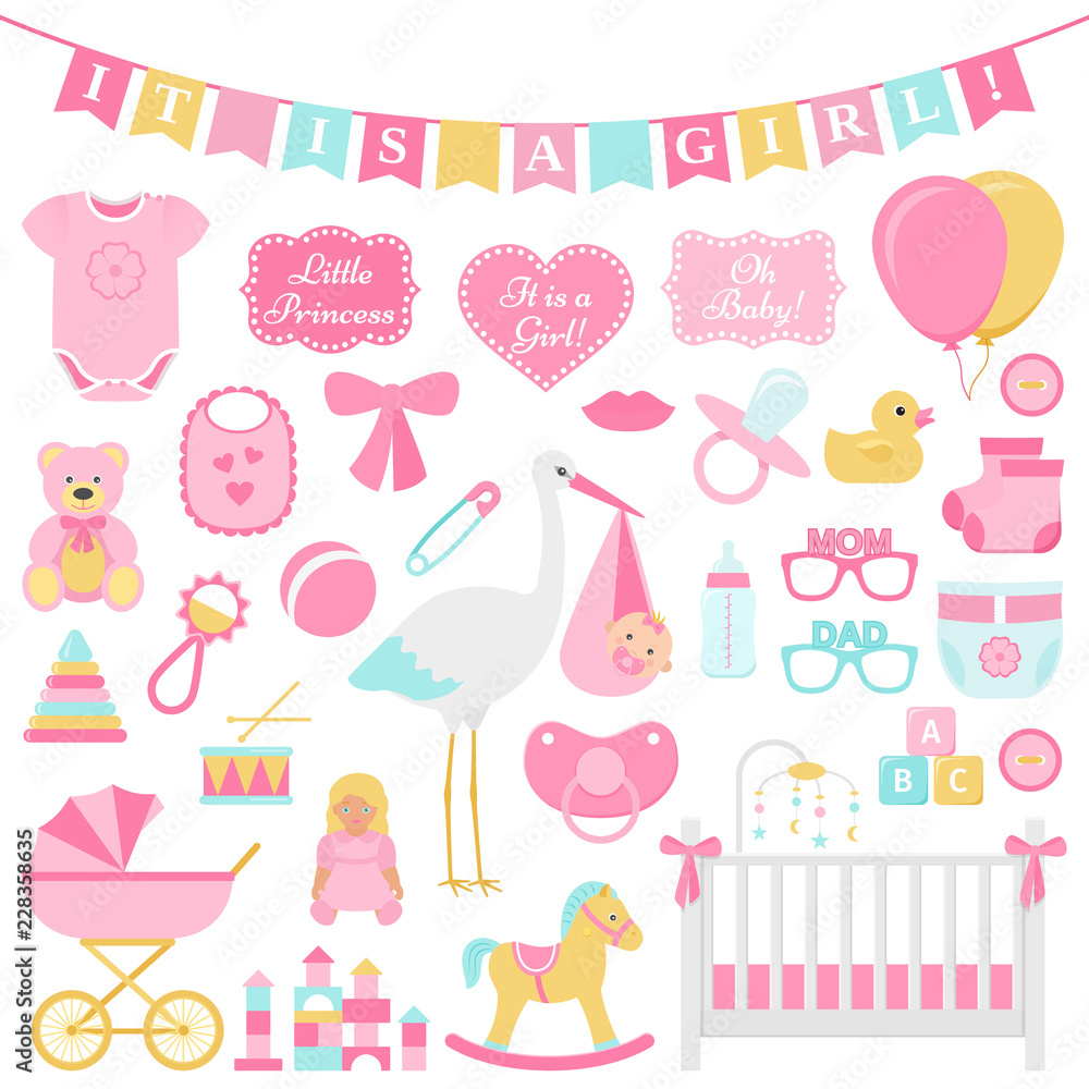 Baby Shower girl set. Vector. Cute pink elements for birth party. Baby icons isolated for card, print, postcard, nursery, template banner, flat design on white background Colorful cartoon illustration