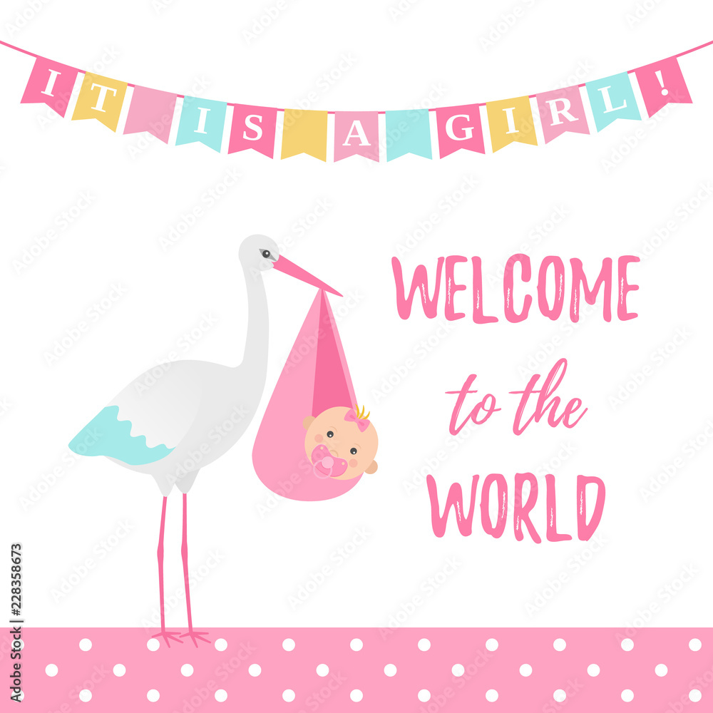 Baby Shower girl card. Vector. Sweet pink banner with stork, kid, flags, polka dot pattern. Baby girl birth party poster in flat design. Cute template invite background. Colorful cartoon illustration. Baby Shower girl card. Vector. Sweet pink banner with stork, kid, flags, polka dot pattern. Baby girl birth party poster in flat design. Cute template invite background. Colorful cartoon illustration.