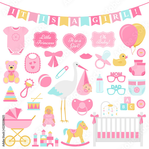 Baby Shower girl set. Vector. Cute pink elements for birth party. Baby icons isolated for card, print, postcard, nursery, template banner, flat design on white background Colorful cartoon illustration