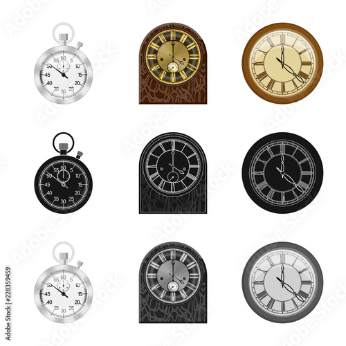 Vector illustration of clock and time symbol. Collection of clock and circle stock vector illustration.