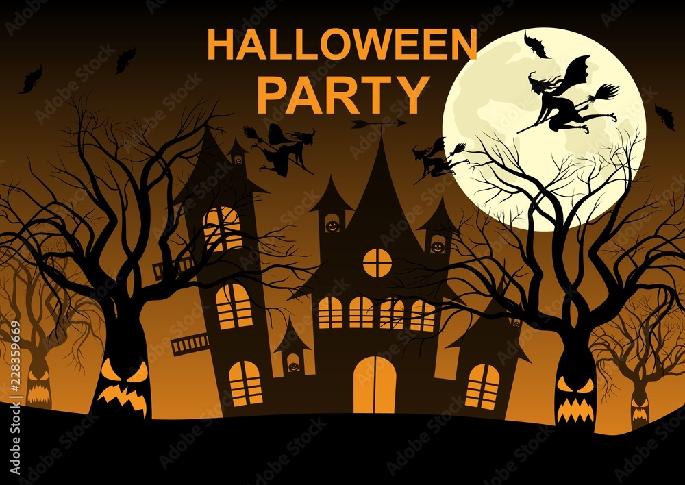 Halloween party, night, moon, creepy trees, pumpkin, bats, witches