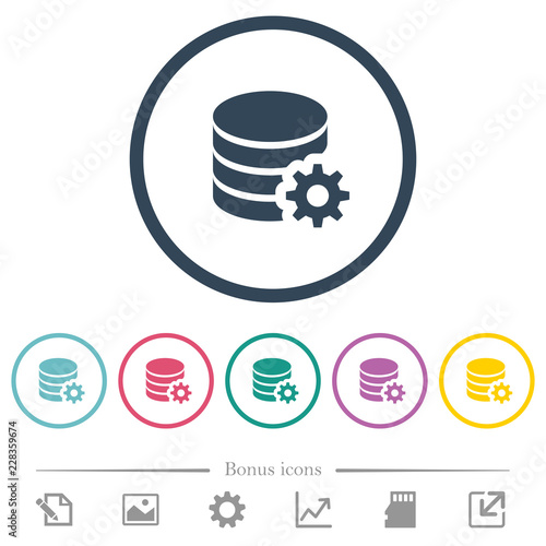 Database configuration flat color icons in round outlines