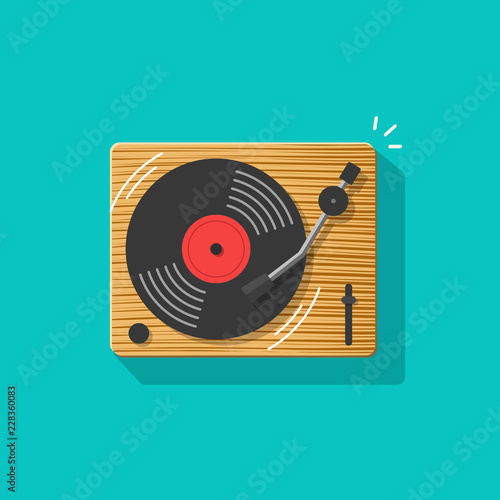Vinyl record player vector illustration, flat cartoon retro vintage turntable playing melody icon isolated