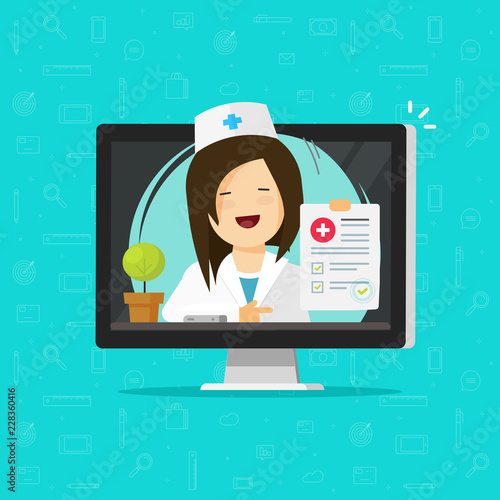 Telemedicine vector illustration, flat cartoon doctor character consulting online via computer, woman medic give distance medication, physician diagnosis internet on-line, electronic treatment