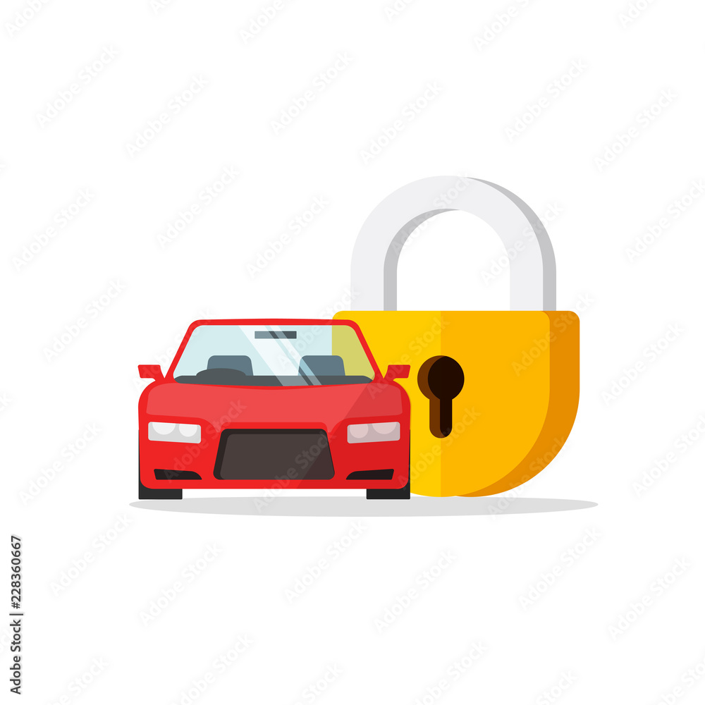 Car lock vector illustration, flat cartoon automobile and closed padlock icon, concept of auto protection, security system sign, anti theft technology isolated Car lock vector illustration, flat cartoon automobile and closed padlock icon, concept of auto protection, security system sign, anti theft technology isolated