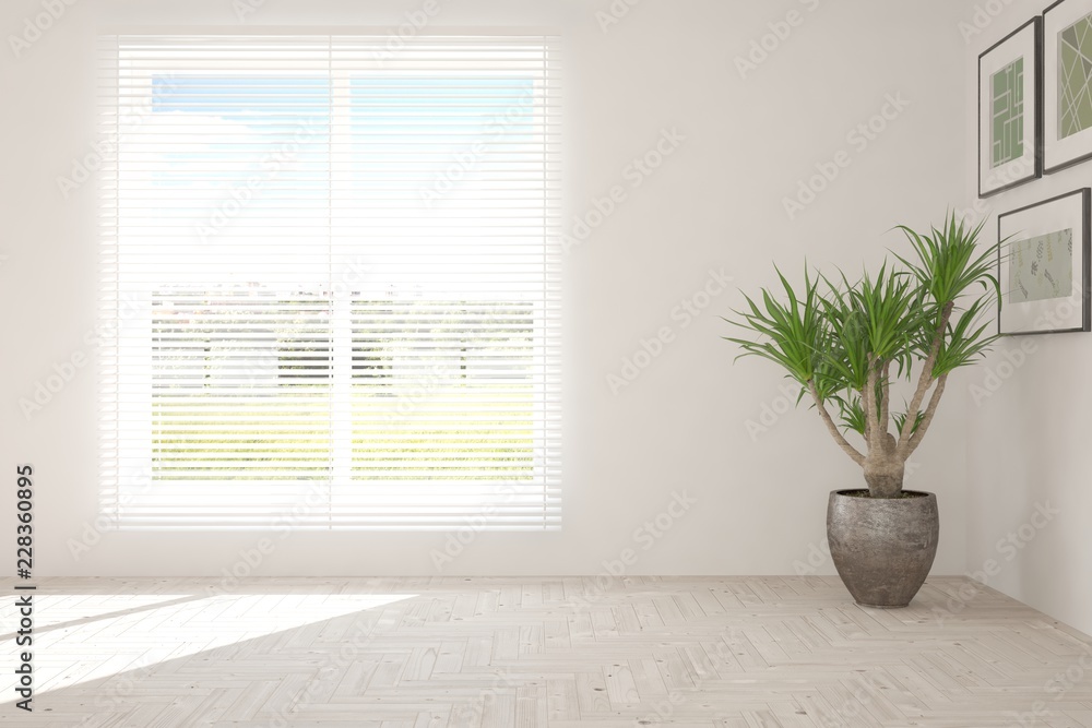 White empty room with green landscape in window. Scandinavian interior design. 3D illustration White empty room with green landscape in window. Scandinavian interior design. 3D illustration