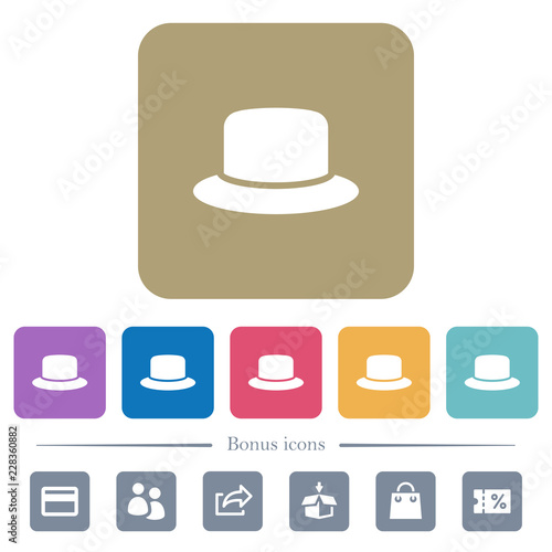 Silk hat flat icons on color rounded square backgrounds