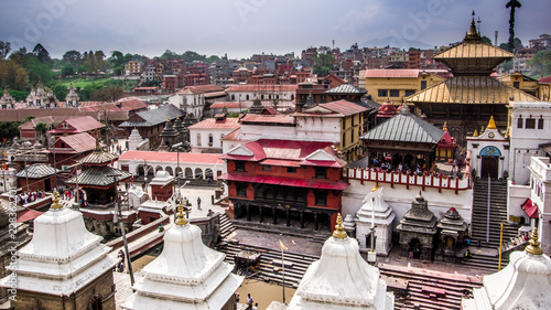 Top down view of old sacred hindu place. Pashupatinath Temple in Kathmandu, Nepal. photo