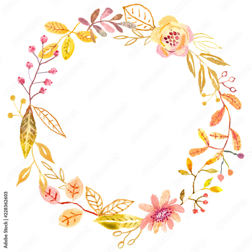 Hand painted autumn fall leaves circle frame Isolated on white. Hand drawn illustration.