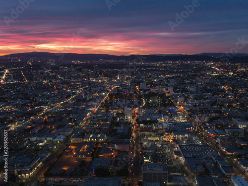 Aerial view of a city a sunset