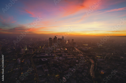 Aerial view of Los Angeles at sunset