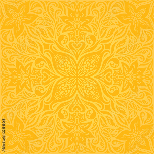 Flowers in Yellow, colorful floral wallpaper background mandala pattern design in trendy fashion vintage style