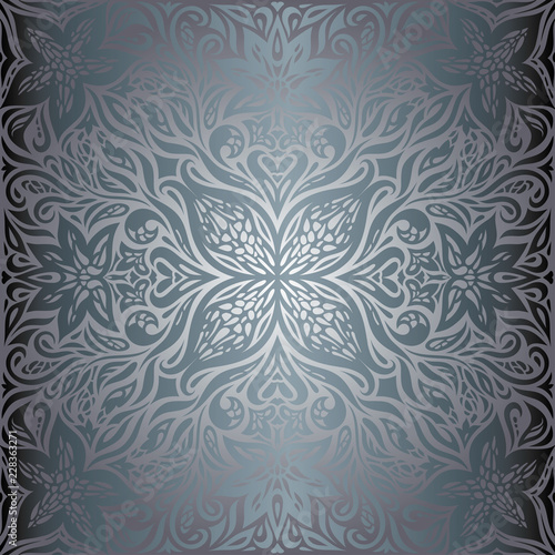 Silver Flowers  Floral shiny decorative vintage wallpaper Background trendy fashion ornate mandala design