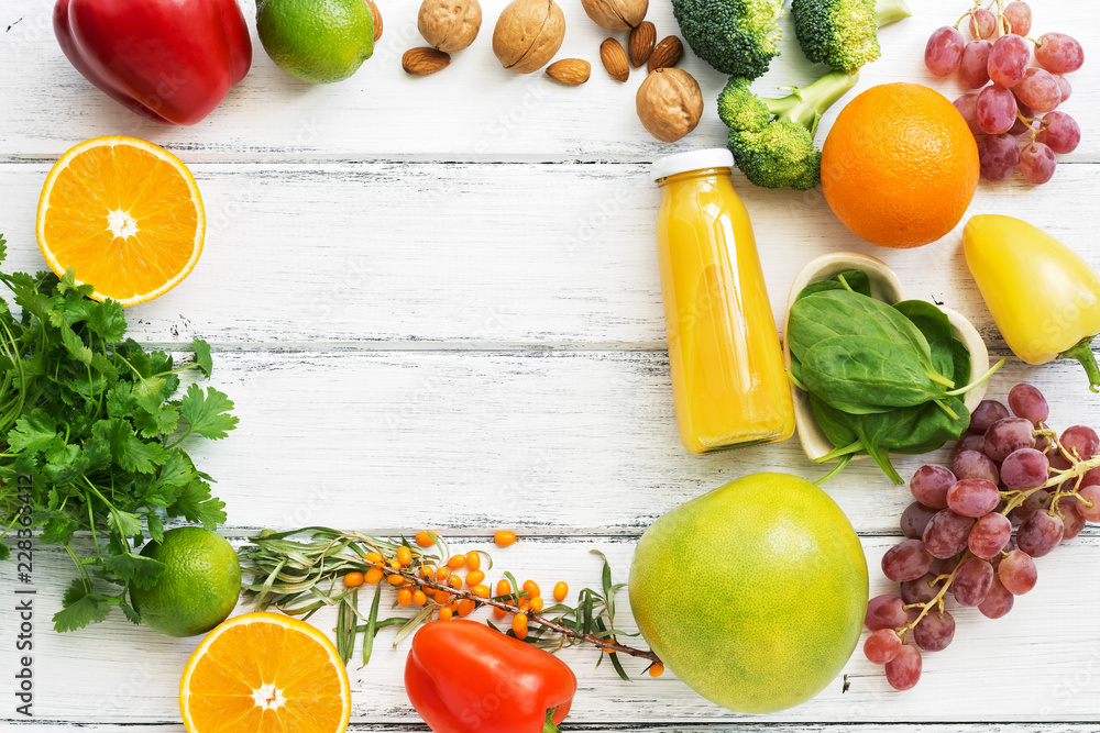 Foods high in vitamin C. Fruits, vegetables, nuts, greens, citrus fruits.  Top view, flat lay. The concept of healthy nutrition and vitamins. Copy  space. Stock Photo | Adobe Stock