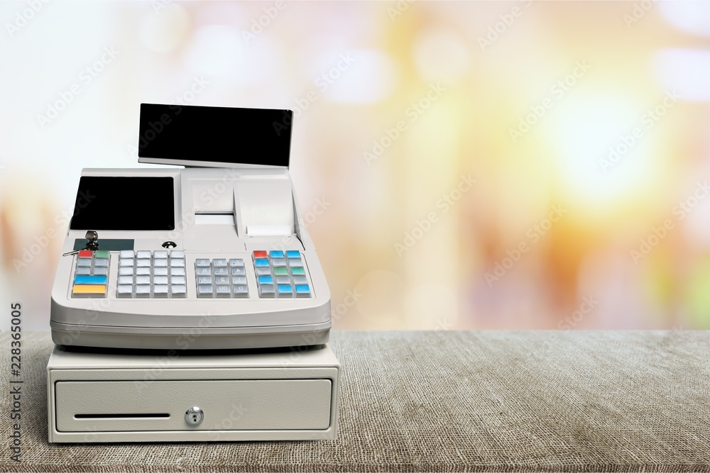 Cash register with LCD display on background Cash register with LCD display on background