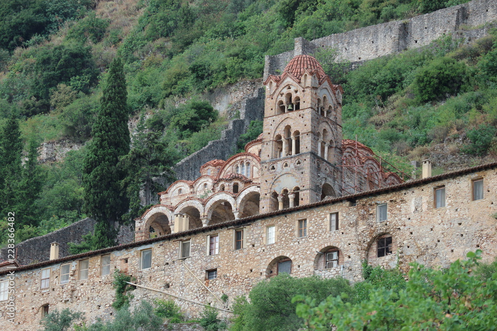 View to Pantanassa Monastery in medieval abandoned city Mystras, Peloponnese, Greece