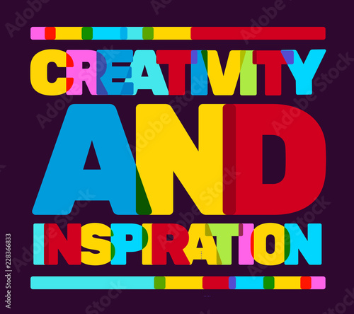 Creative text colored rainbow concept on black background. Vector illustration of multicolor creativity and inspiration business word lettering typography.